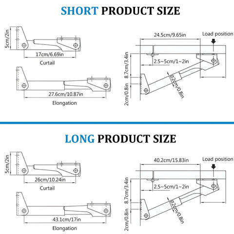 Heavy Weight Aluminum Alloy Telescopic Wall Mount Bracket With Quick Grip Auto Lock size diagram showcasing short and long product dimensions.