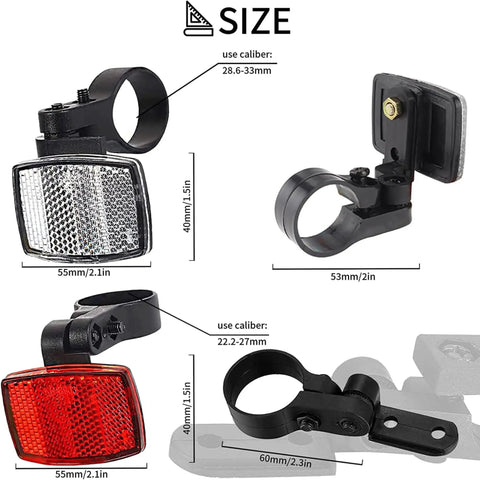 2 Pack Bike Front And Rear Reflectors Kit For Mountain Bikes, Spoke Reflectors For Wheels, Handlebar And Seat Post, dimensions shown