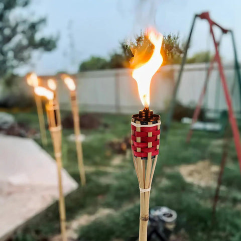 Two Pack Red Tiki Torch Oil Lamps For Outdoor Garden Pathway Lighting And Party Decor Durable Woven Torches With Red Dye Easy Install Weather Resistant Backyard Party Ready Lighting For Festivals And Celebrations