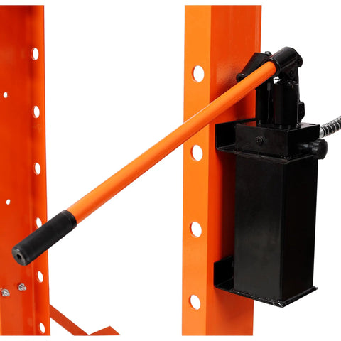 Heavy Duty Hydraulic Shop Press, Badass 30 Ton H-Frame Rig with black hydraulic cylinder and orange handle for bending jobs.