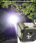 Portable IPX4 Waterproof Camping Lantern With 2000mAh Solar Charging, bright LED light in forest, inset close-up