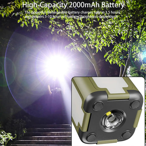 Portable IPX4 Waterproof Camping Lantern With 2000mAh Solar Charging, bright LED light in forest, inset close-up