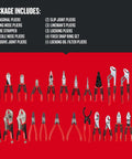 25-Piece Pliers Set with Durable Stainless Steel Blades displayed on a red background, including various types of pliers.