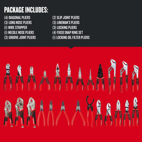 25-Piece Pliers Set with Durable Stainless Steel Blades displayed on a red background, including various types of pliers.
