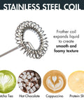 Stainless steel frother coil for milk frothing, creating smooth texture for beverages including matcha, hot chocolate, cappuccino.