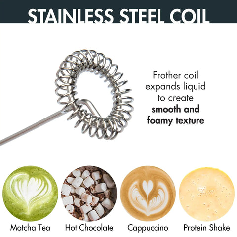 Stainless steel frother coil for milk frothing, creating smooth texture for beverages including matcha, hot chocolate, cappuccino.