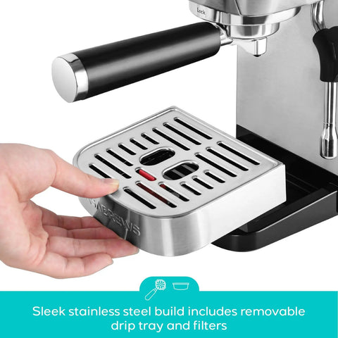 Close-up of Essential Espresso Machine With 20 Bar Pressure, Stainless Steel Build, showing removable drip tray and filters.