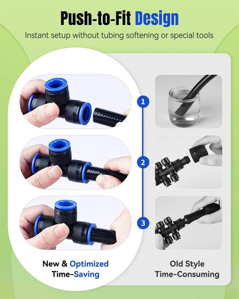 20 Piece Quick Connect Drip Irrigation Fittings Kit For 1/2 Inch Tubing with push-to-fit design demonstration.
