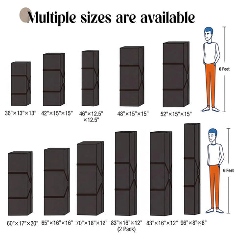 Various duffle bag sizes compared to a 6-foot person, including a 36x13x13 inch Massive 100 L Extra Large Duffle Bag For Camping And Travel