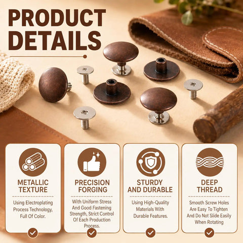 Heavy Duty Zinc Alloy Replacement Rivets For Cork Potato Clogs And Suede Rubber Footwear With Screwdriver on a table with details.