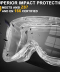 Close-up of Six Pack Anti Fog Safety Goggles For Lab And Industrial Use Adjustable Chemical Splash Eye Protection showing clear lenses.
