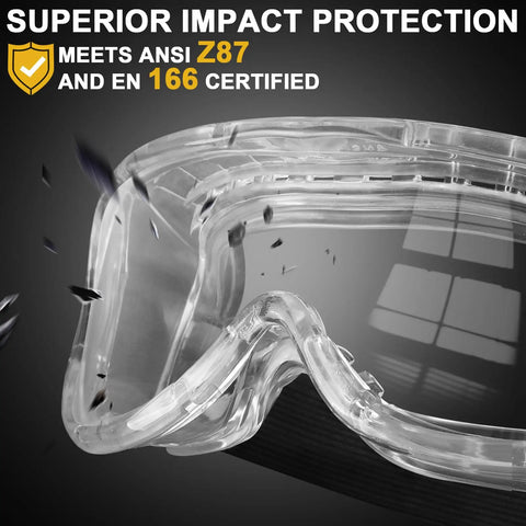 Close-up of Six Pack Anti Fog Safety Goggles For Lab And Industrial Use Adjustable Chemical Splash Eye Protection showing clear lenses.
