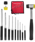 Roll Pin Punch Set With Storage Pouch And Hammer, 9 Piece Beefy Hardened Steel Removal Toolkit For Jewelry Watches Rifle Pins And Craft Projects, Knurled Handles For Solid Grip, Drop Forged And Heat Treated displayed in red pouch