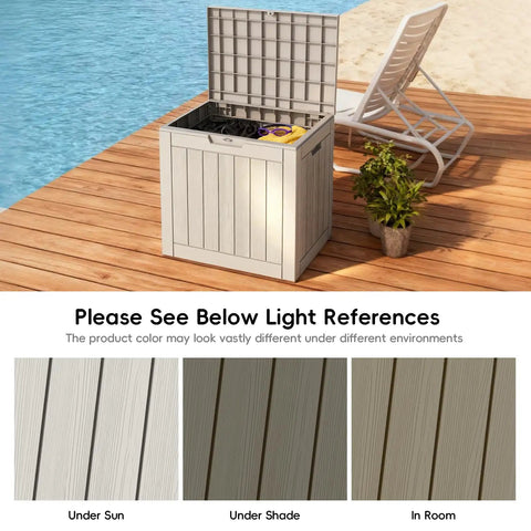 Open Weatherproof 31 Gallon Deck Box With Locking Lid For Outdoor Cushions, Pool Gear, And Garden Tools In Greige on patio