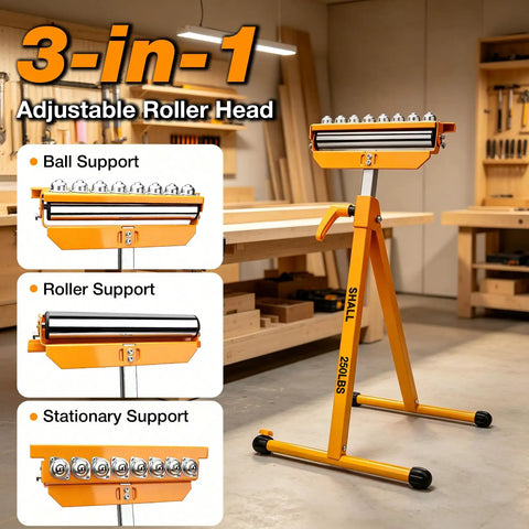 Badass Heavy Duty Roller Stand With 3 In 1 Adjustable Head And 250 Lbs Capacity Chrome Steel Workhorse Pro Jobsite Essential For Moving Roll Goods Effortlessly showing adjustable roller head setup.