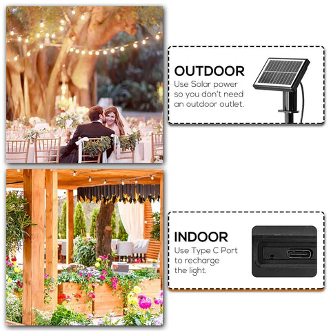 48 Foot Solar String Lights Outdoor USB Rechargeable Waterproof Shatterproof Bulbs Hanging Lights illuminating a garden party