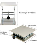 Workhorse Stainless Steel Lab Jack Lift Table With 12x12 Inch Platform, showing adjustable heights from 3.74 to 18 inches.