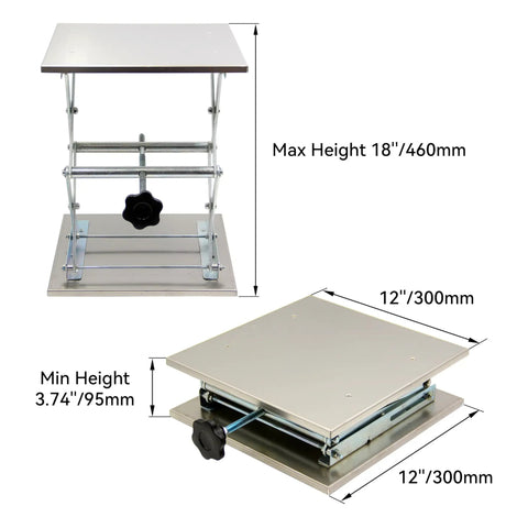 Workhorse Stainless Steel Lab Jack Lift Table With 12x12 Inch Platform, showing adjustable heights from 3.74 to 18 inches.