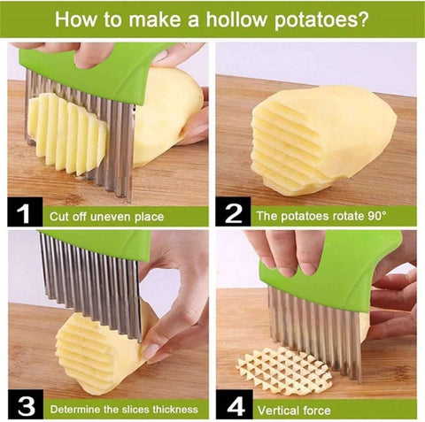 Yellow crinkle cutter with stainless steel blades for slicing potatoes into wavy chips; kitchen tool