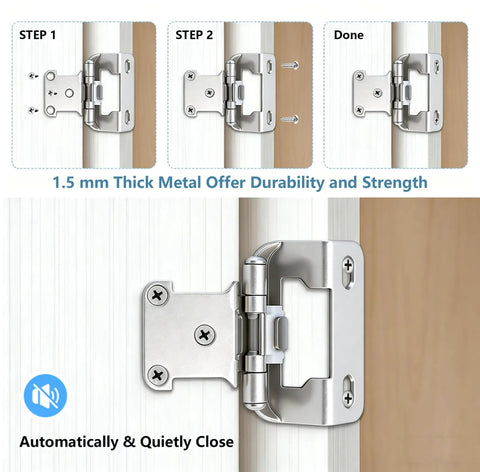 Premium Half Inch Overlay Cabinet Hinges Featuring Seamless Self Closing Action Flat Out Quality Brushed Nickel Hardware For Face Frame Doors No Drama Installation 25 Pair Pack Built Tough with installation steps