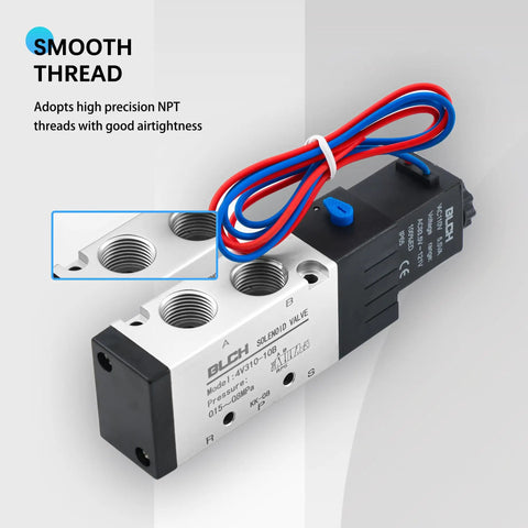 4V410-15 DC12V Pneumatic Solenoid Valve, 2 Position 5 Way, electric outlet wire, heavy duty, NPT threads, includes mufflers