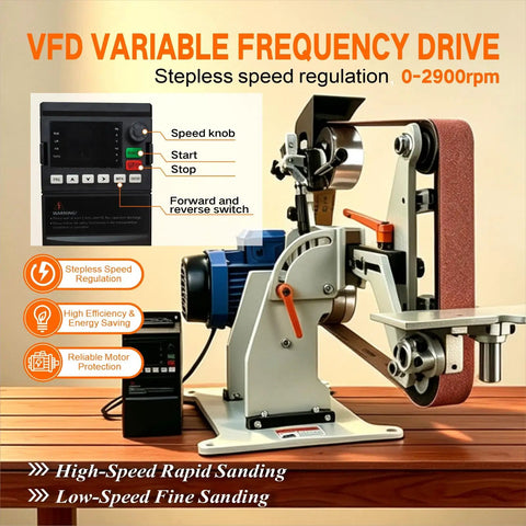 Built Like A Tank 2x72 Inch Belt Grinder Sander With Smooth 1500W Motor showing VFD variable frequency drive controls for speed regulation.