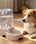Set It And Forget It Gravity Pet Waterer Keeps Your Pooch Fully Hydrated With Large Capacity Plastic Bowl In Beige with dog.