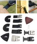 Workhorse Oscillating Saw Blades Kit For Multitool With High Carbon Steel Blades Quick Release Long Wavy Teeth For Ultra Smooth Woodworking Cuts Durable Wear Resistant Sandpaper Included Perfect For Hardwood And DIY Projects displayed with various blades and sandpaper