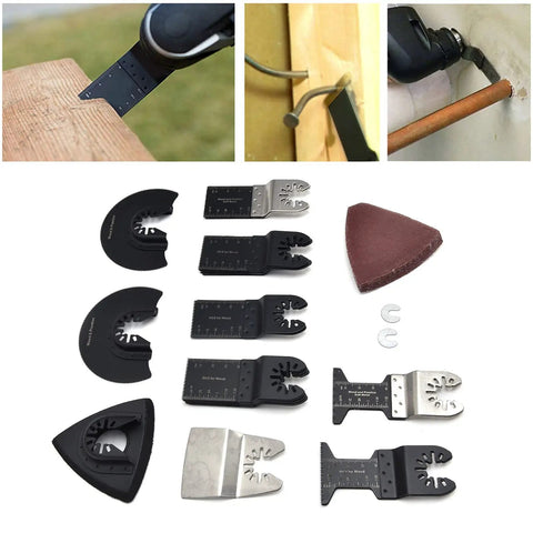 Workhorse Oscillating Saw Blades Kit For Multitool With High Carbon Steel Blades Quick Release Long Wavy Teeth For Ultra Smooth Woodworking Cuts Durable Wear Resistant Sandpaper Included Perfect For Hardwood And DIY Projects displayed with various blades and sandpaper