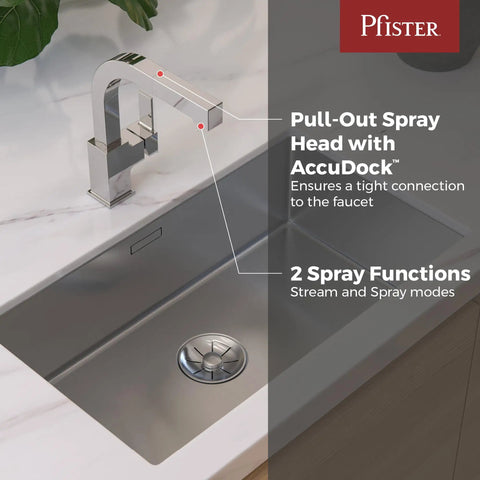 Arkitek Single Handle Kitchen Sink Faucet With Pull Out Sprayer High Arc Design Polished Chrome Finish shown in kitchen setup