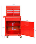 Heavy Duty Steel Rolling Tool Chest With Five Roomy Ball Bearing Drawers And Detachable Worktop displayed with dimensions and open compartment.