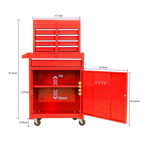 Heavy Duty Steel Rolling Tool Chest With Five Roomy Ball Bearing Drawers And Detachable Worktop displayed with dimensions and open compartment.