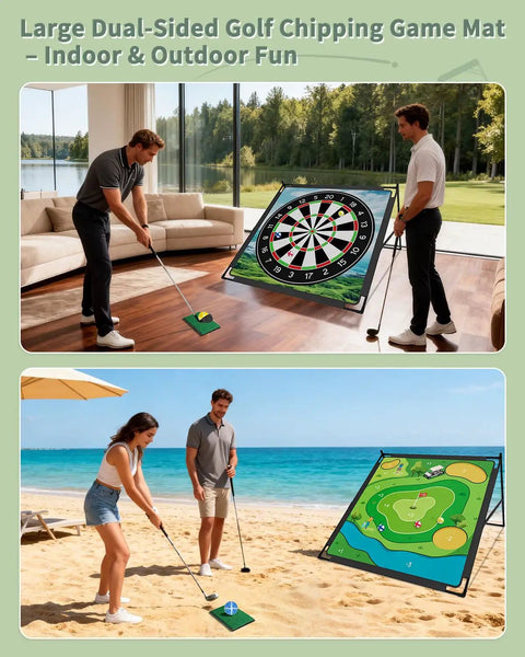Golf Chipping Game Mat With Sticky Balls 6 Large And 30 Small, dual-sided 59x59 inch mat for indoor outdoor play, beach use