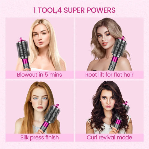 Collage showing women using Upgraded Large Round Brush Attachment For Dyson Airwrap Rose Color for different styling modes.