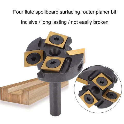 Heavy Duty Slab Flattening Router Bit With 1/4 Inch Shank And Tungsten Carbide Inserts For Woodworking Surfaces close-up view