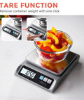 Must Have Digital Kitchen Scale With 13lb Capacity And 0.1g Precision Removable Stainless Steel Pan Backlit LCD Display Perfect For Cooking And Baking Easy To Use For Precise Weighing In Grams And Ounces Grey with bowl of peppers