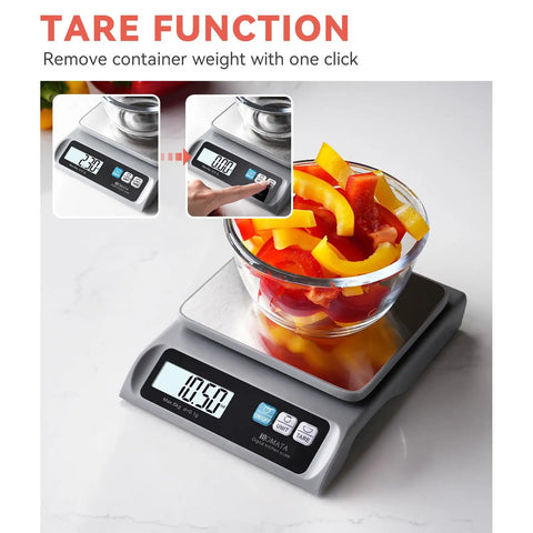 Must Have Digital Kitchen Scale With 13lb Capacity And 0.1g Precision Removable Stainless Steel Pan Backlit LCD Display Perfect For Cooking And Baking Easy To Use For Precise Weighing In Grams And Ounces Grey with bowl of peppers