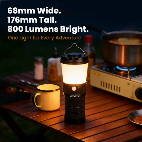 Rechargeable Camping Lantern LT1 With 8 LH351D LEDs, 24 Hour Runtime In Medium Mode, on table with outdoor gear setup