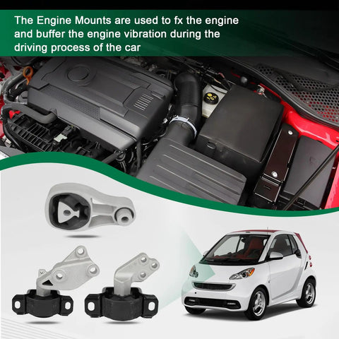 Heavy Duty Engine Motor Mount And Transmission Mount And Torque Strut Mount Set Compatible With Smart For Two 1.0L 2008 Through 2015 showing engine mounts and car.