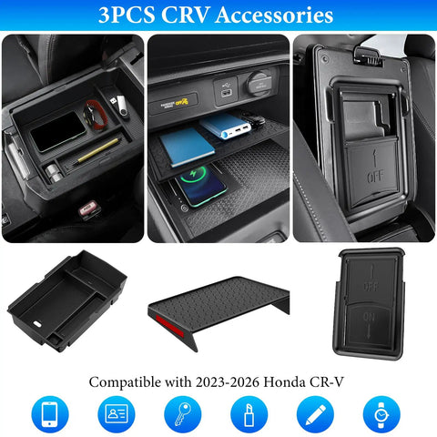 3 Piece Center Console Organizer And Armrest Tray For Honda CRV 2023 2024 2025 2026 Fits LX EX EX L Sport Hybrid Sport Touring Hybrid ABS Plastic Hidden Storage Box Car Accessory