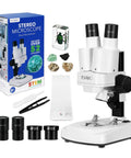 Dual LED Kids Microscope Science Kit With 52 Plus Pieces Including Mineral And Insect Specimens Prepared Slides And DIY Blank Slides Totally Great For Curious 8 To 12 Year Old Scientists, white stereo microscope and accessories