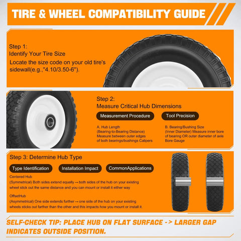 Flat Free 4.10/3.50-6 Replacement 12 Inch Wheel With 1 In. Axle Bore compatibility guide illustration
