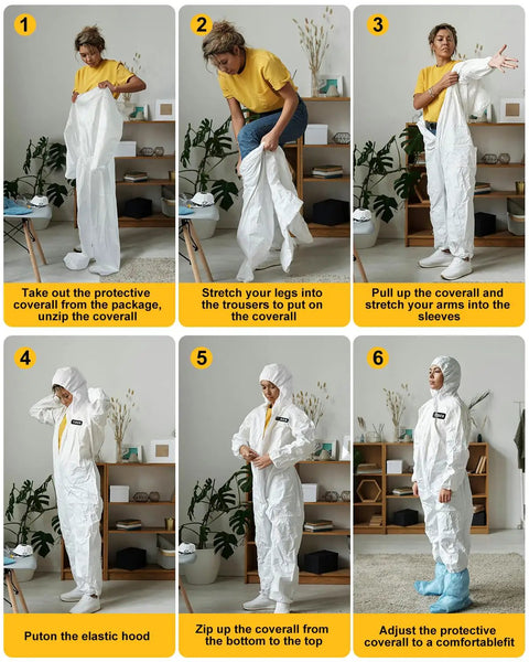 Instructions for wearing Disposable Hazmat Coverall For Full Body Protection Painter Suit White Heavy Duty Work Gear shown step-by-step.