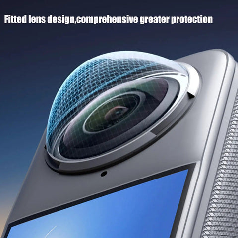 Tough As Nails Lens Guards For X4 Action Camera With Tempered Glass Protectors, precision fit on panoramic lens, side view.