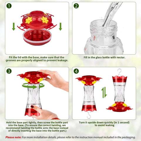 Glass Hummingbird Feeder Outdoor Hanging With Built In Ant Moat And Four Bee Guard Perches Leak Proof 15 Ounce Capacity Stars Decor In Red Theme Ideal Gift For Women Men Moms Dads Who Love Backyard Bird Watching installation steps.