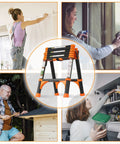 Collage showing uses of A Frame Telescoping Ladder With One Button Retraction in home and RV settings, portable and lightweight