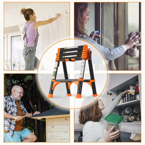 Collage showing uses of A Frame Telescoping Ladder With One Button Retraction in home and RV settings, portable and lightweight