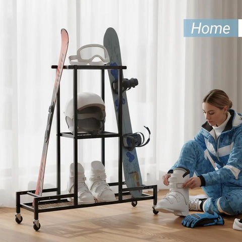 Floor Standing Ski And Snowboard Rack With 3 Tier Shelf Holds Boots Helmets And Packs Drill Free Mount No Sweat Setup Keeps Your Entire Winter Shred Collection Organized