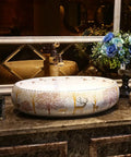USZWBY Vessel Sinks Bathroom Vessel Sink Forest Art Countertop Basin Nordic Ceramic Washbasin utensils with faucet on countertop.