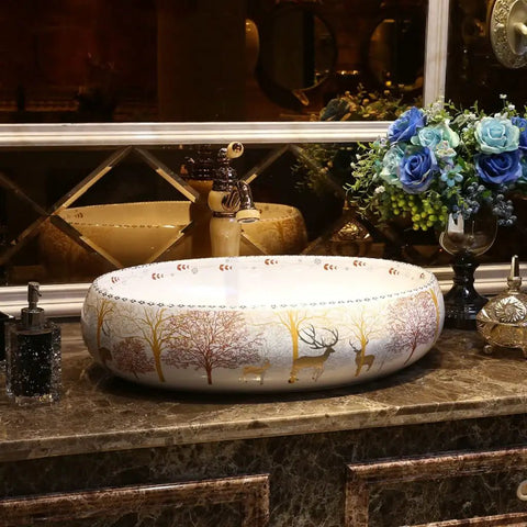 USZWBY Vessel Sinks Bathroom Vessel Sink Forest Art Countertop Basin Nordic Ceramic Washbasin utensils with faucet on countertop.